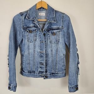 Sunset + Spring Jean Jacket Ruffled Sleeves and Back Blue Denim Small A0012